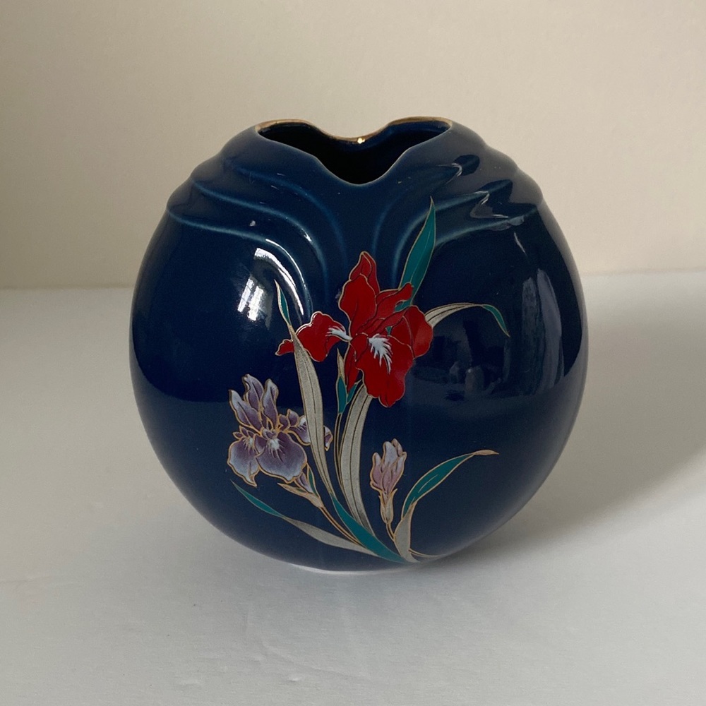 Vintage Blue Fine China Vase with Iris Floral Design Made in Japan 4.75” Tall